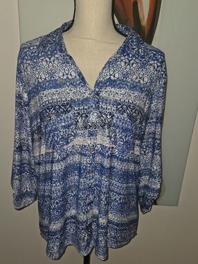 Blue Patterned Women's Button-Front Blouse